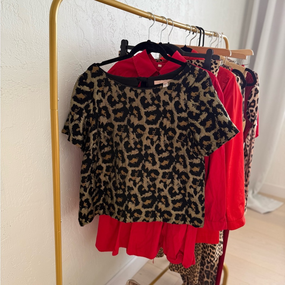Anthropologie Leopard Print Short Sleeve Top in Black and Tan
